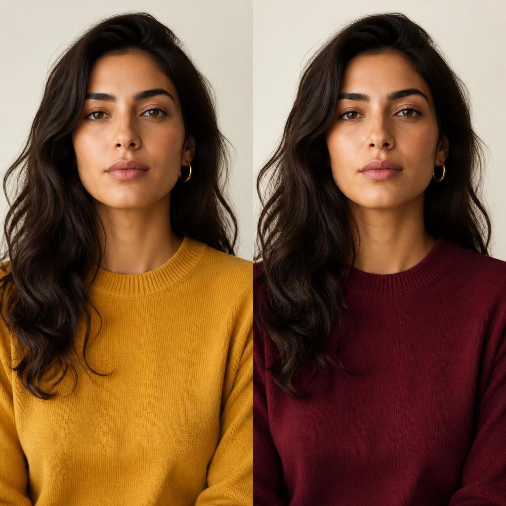 A woman holding a burgundy sweater on a hanger in a clothing shop