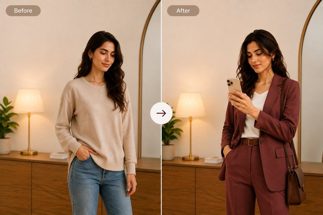 The same person shown in a cream sweater and jeans, then in a burgundy suit